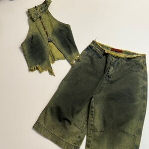 Jaded London Green tint  Denim Vest and Shorts Set